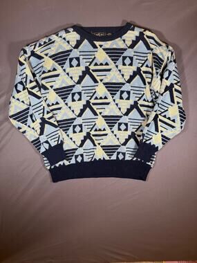 Vintage Van Cort Men’s Large Blue Geometric Knit Sweater Crewneck 90s